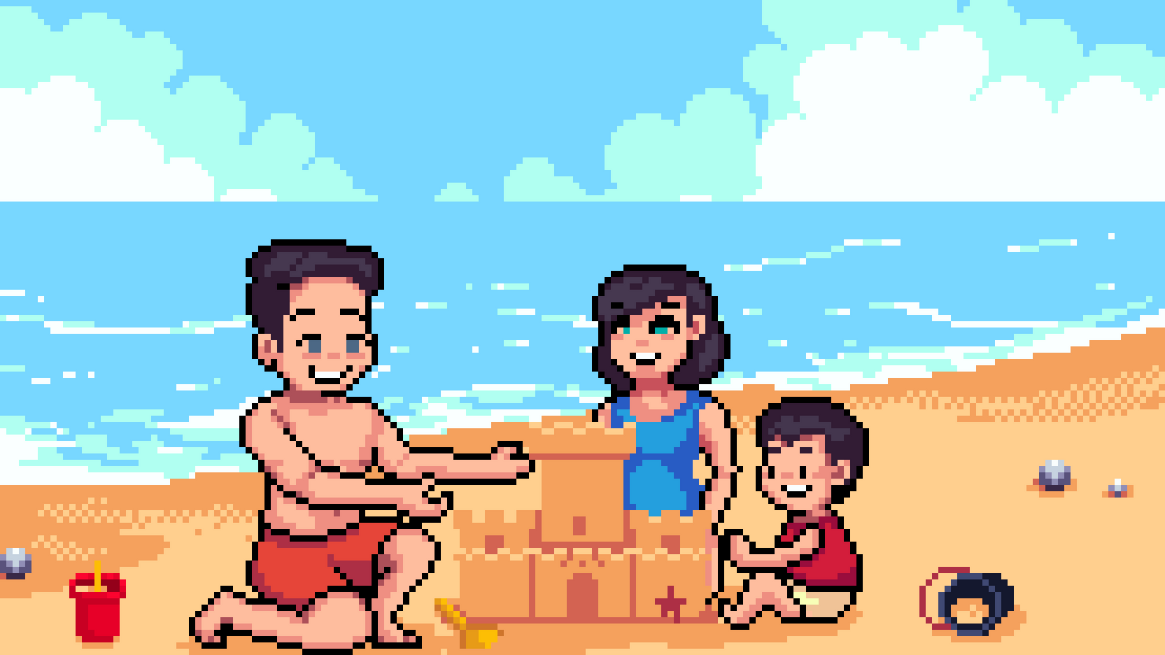 Pixel art of Koko's family building a sandcastle together