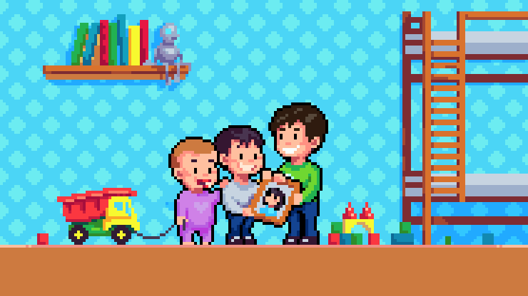 Pixel art of Koko and his brothers sharing a photo in their room
