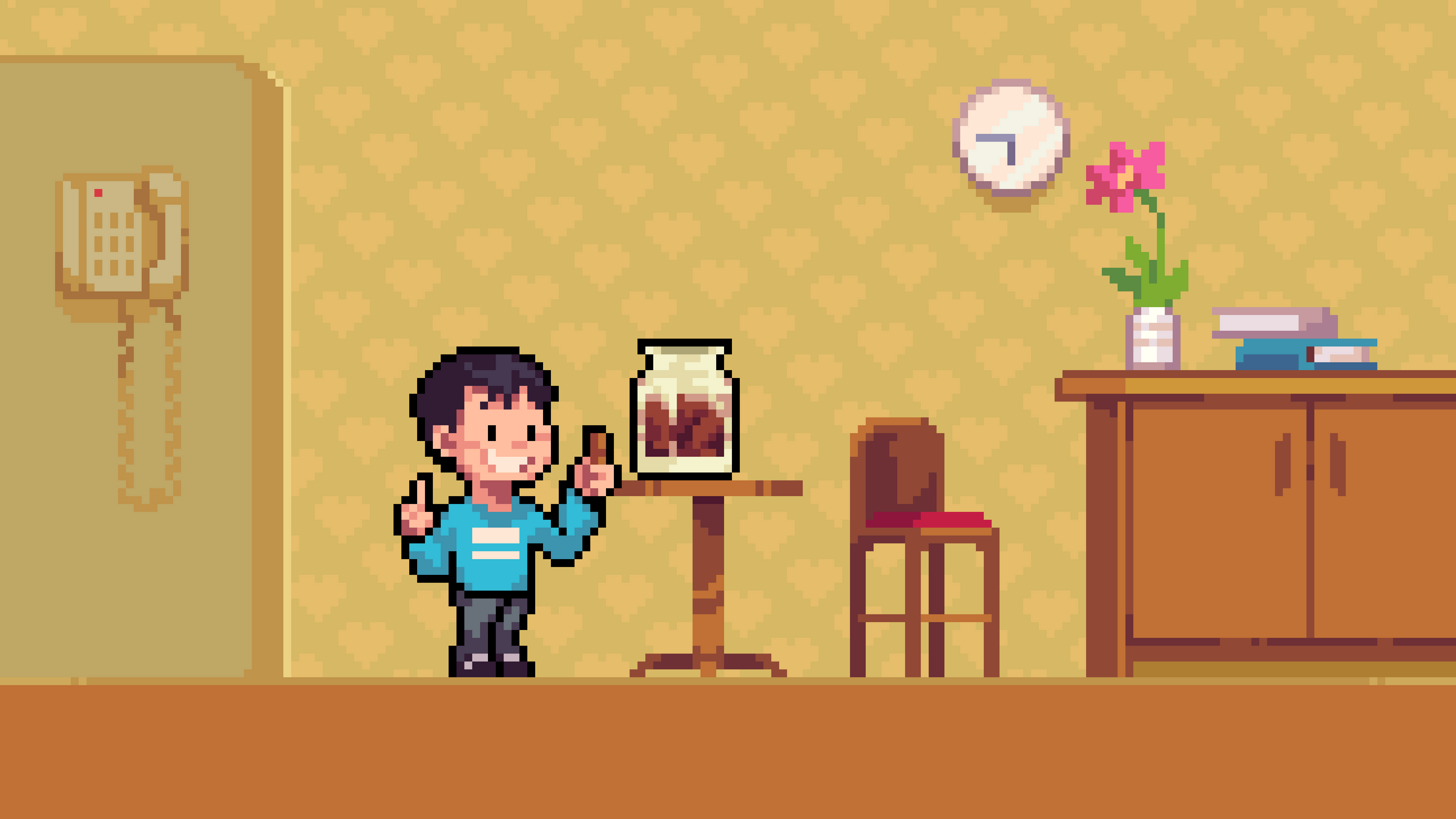 Pixel art of Koko grinning beside a big jar of chocolate in the kitchen