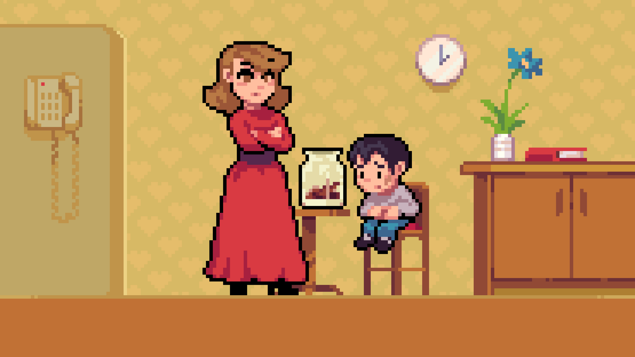 Pixel art of Koko learning his lesson with Aunt Janet
