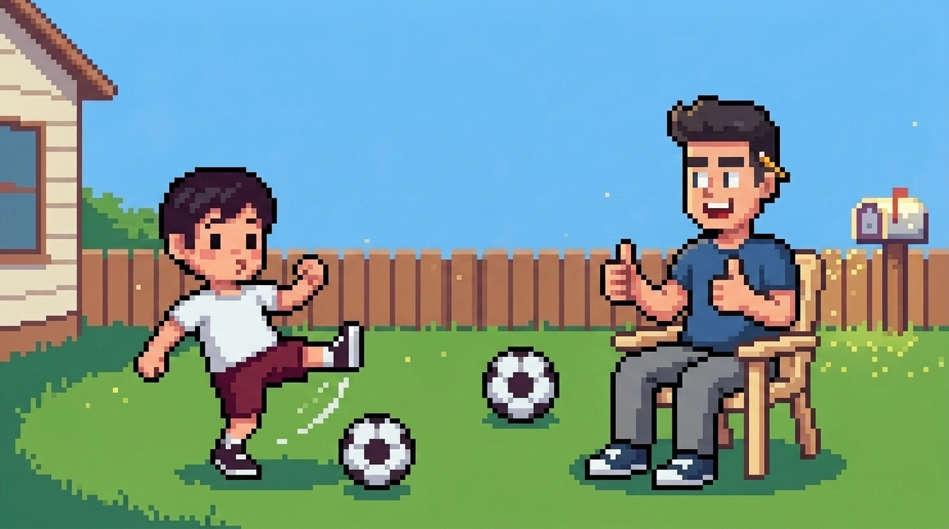 Pixel art of Koko kicking a soccer ball while Dad cheers him on with two thumbs up in the backyard