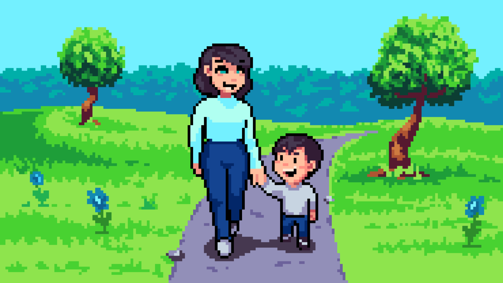Pixel art of Koko holding Mama's hand on a walk through the park